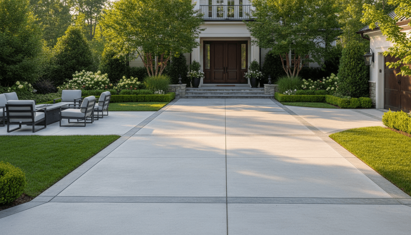 Clean residential home exterior with pressure-washed driveway and manicured lawn