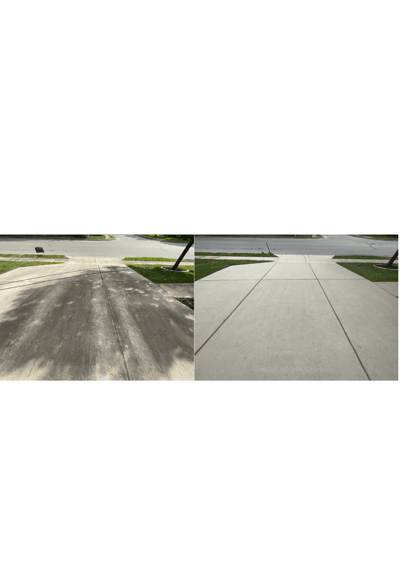 Side-by-side comparison showing a stained concrete driveway before and after a thorough pressure washing.