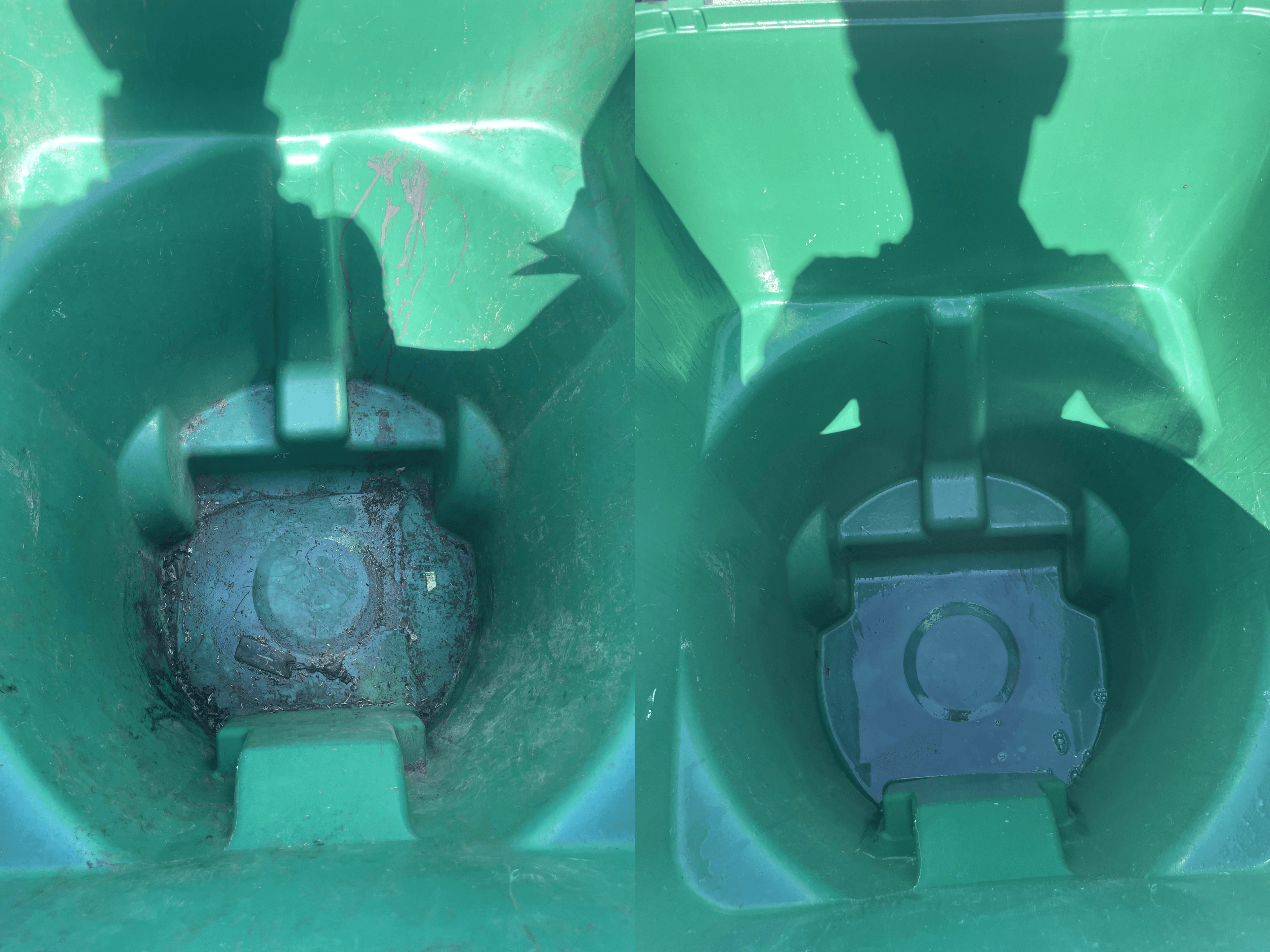 Side-by-side comparison of a dirty green bin interior before and after being washed clean.
