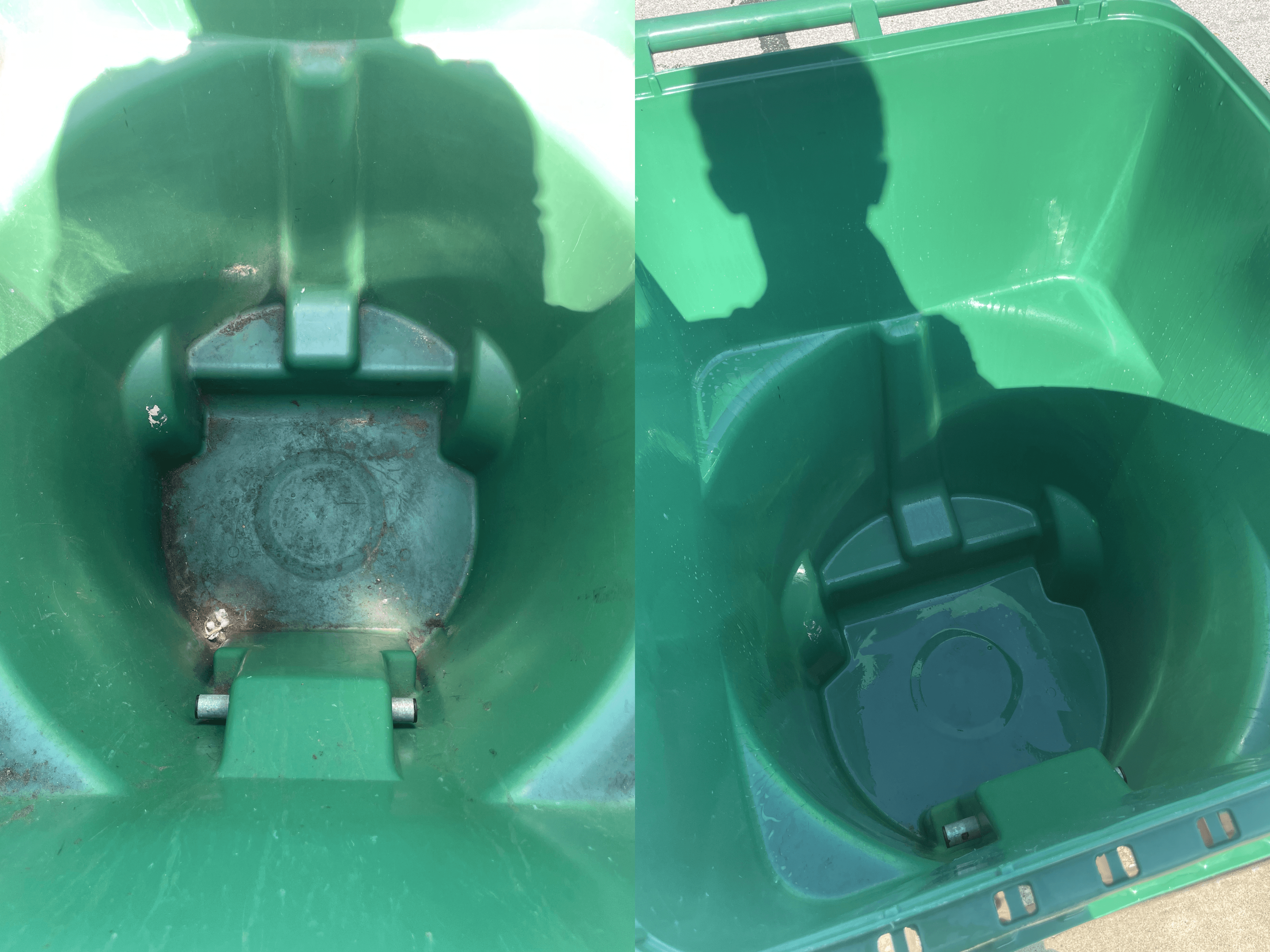 Side-by-side comparison showing a dirty green trash bin interior before and after being cleaned.