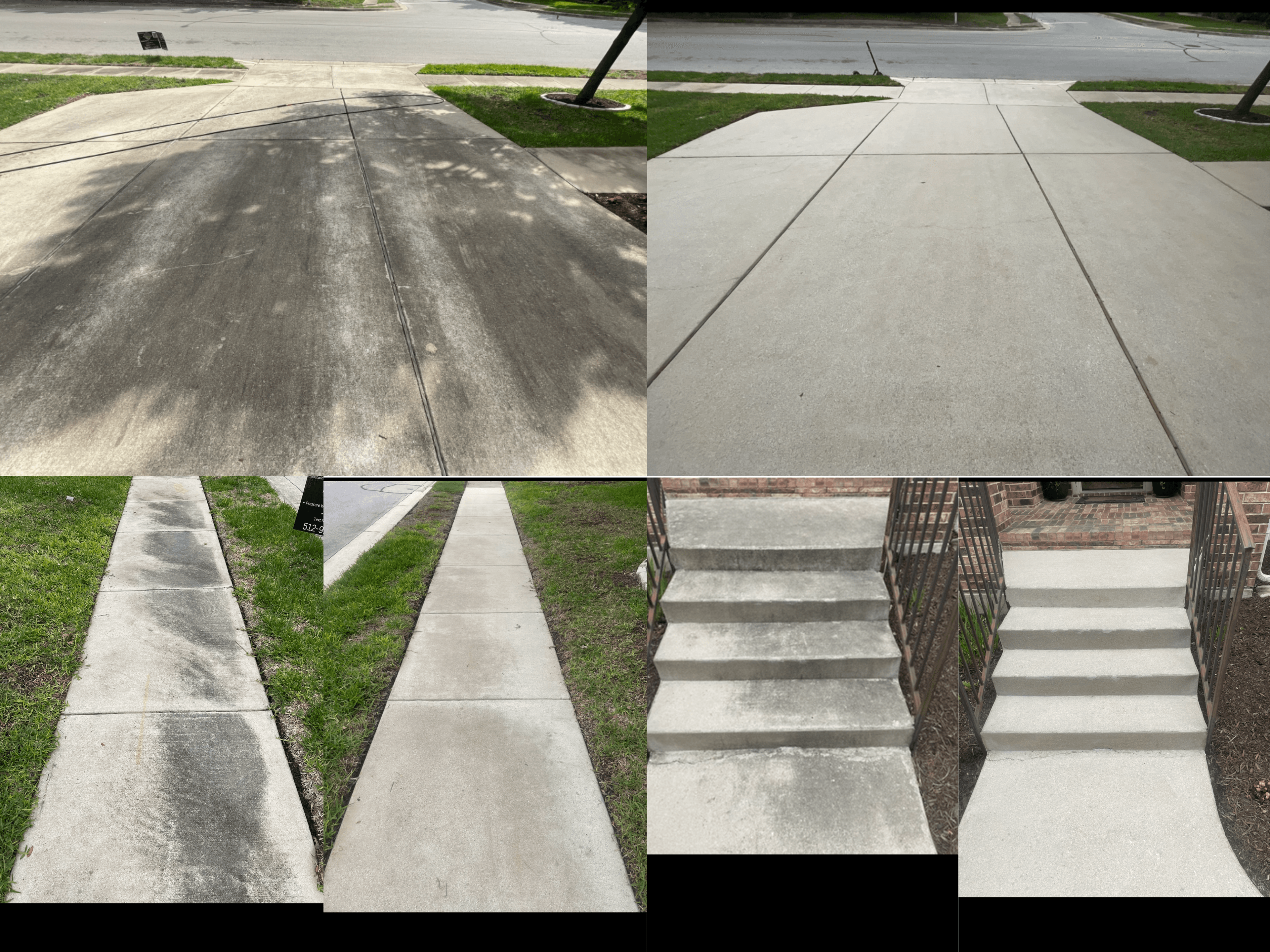 Before and after photos showing dirty concrete driveways, sidewalks, and steps being pressure washed.