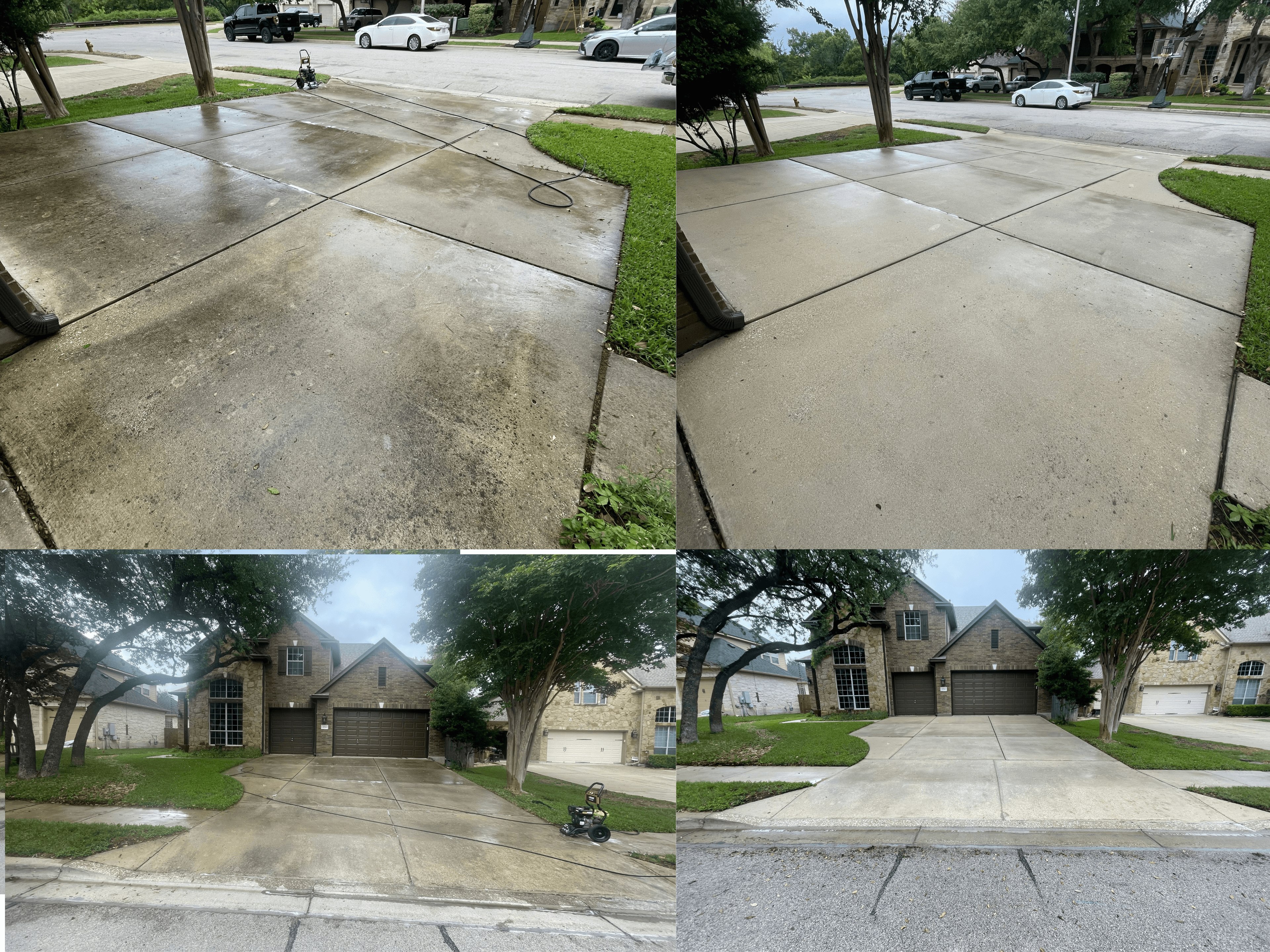 Before and after photos of a stained concrete driveway restored to a clean, bright finish.