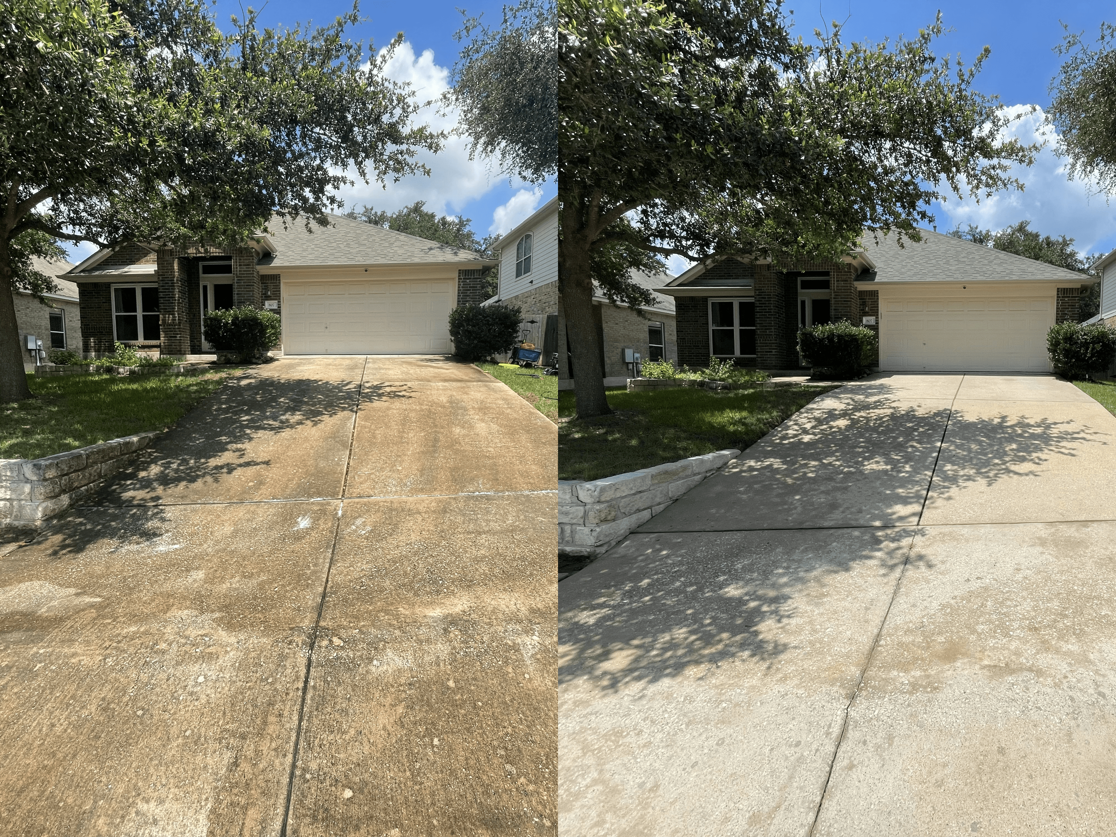 Side-by-side comparison of a dirty concrete driveway before and after a professional pressure washing.