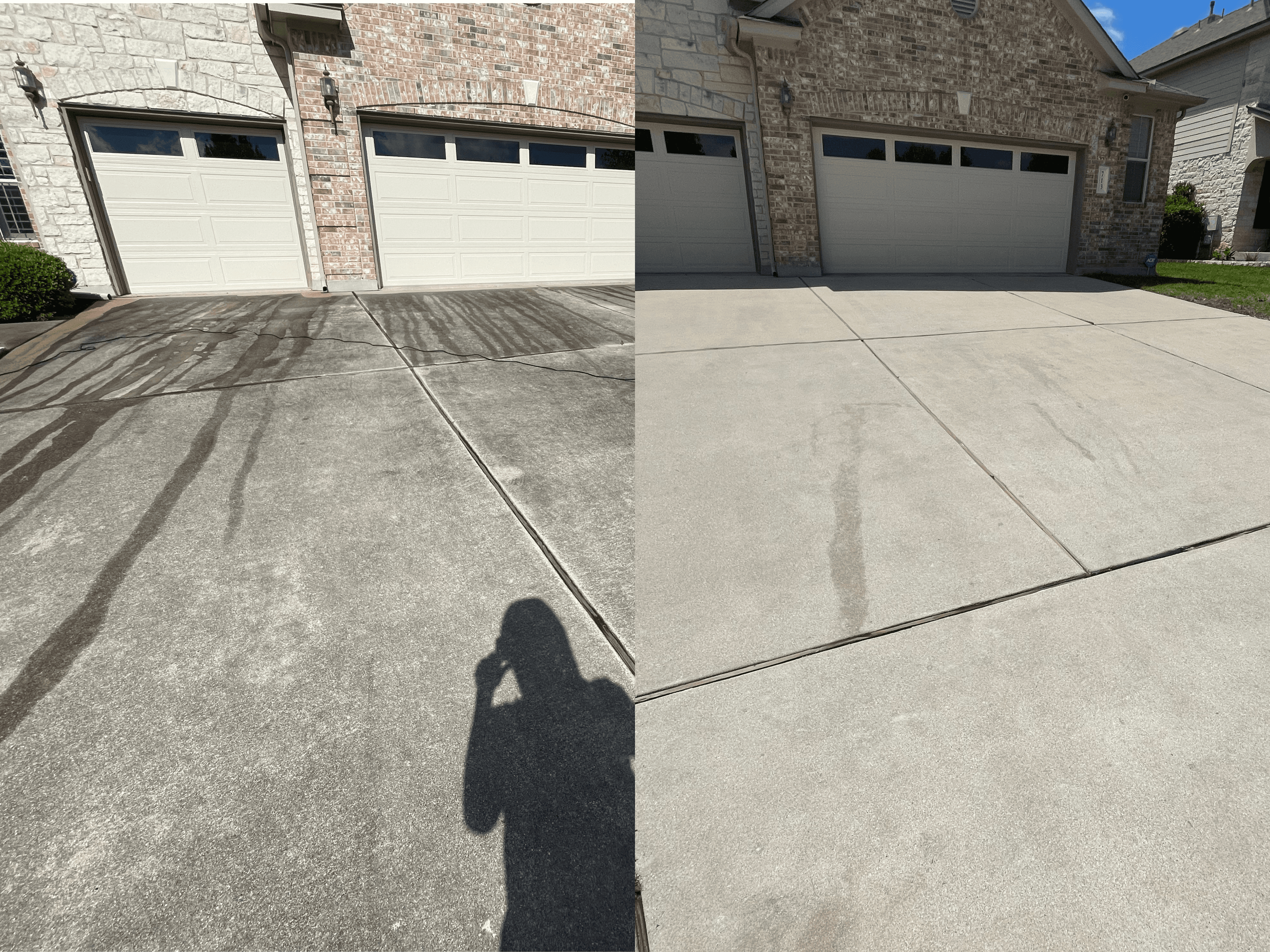 Side-by-side comparison of a dirty concrete driveway before and after professional pressure washing.