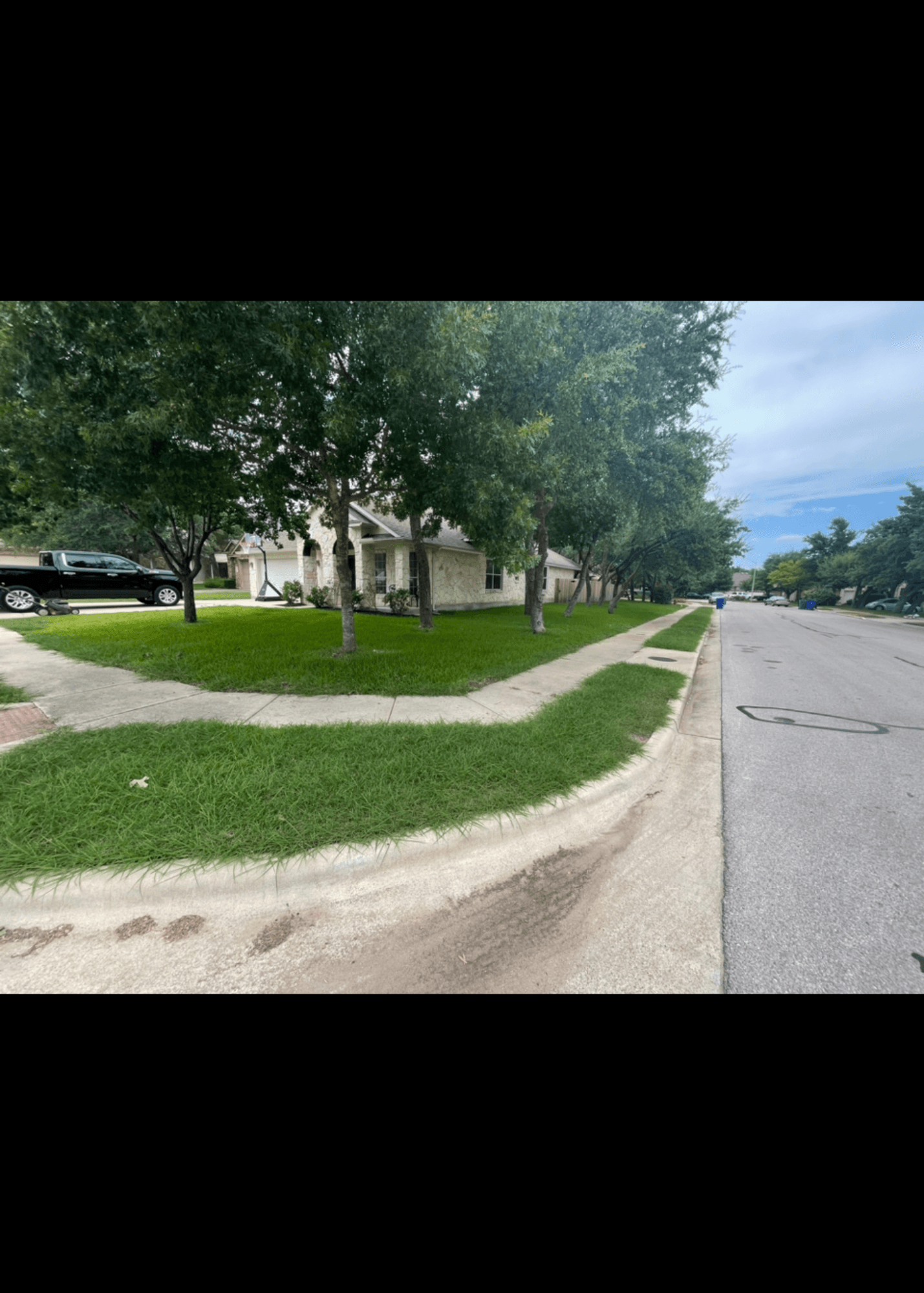 Suburban street corner featuring a stone house, green lawn, and many large, leafy shade trees.