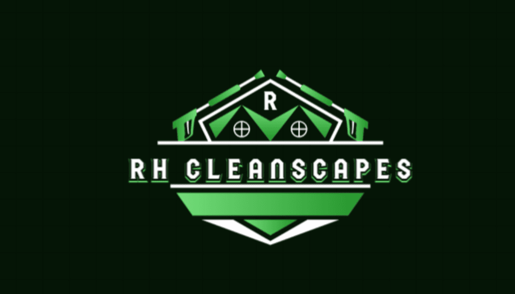 Green and white RH Cleanscapes logo featuring pressure washer wands and a house silhouette.